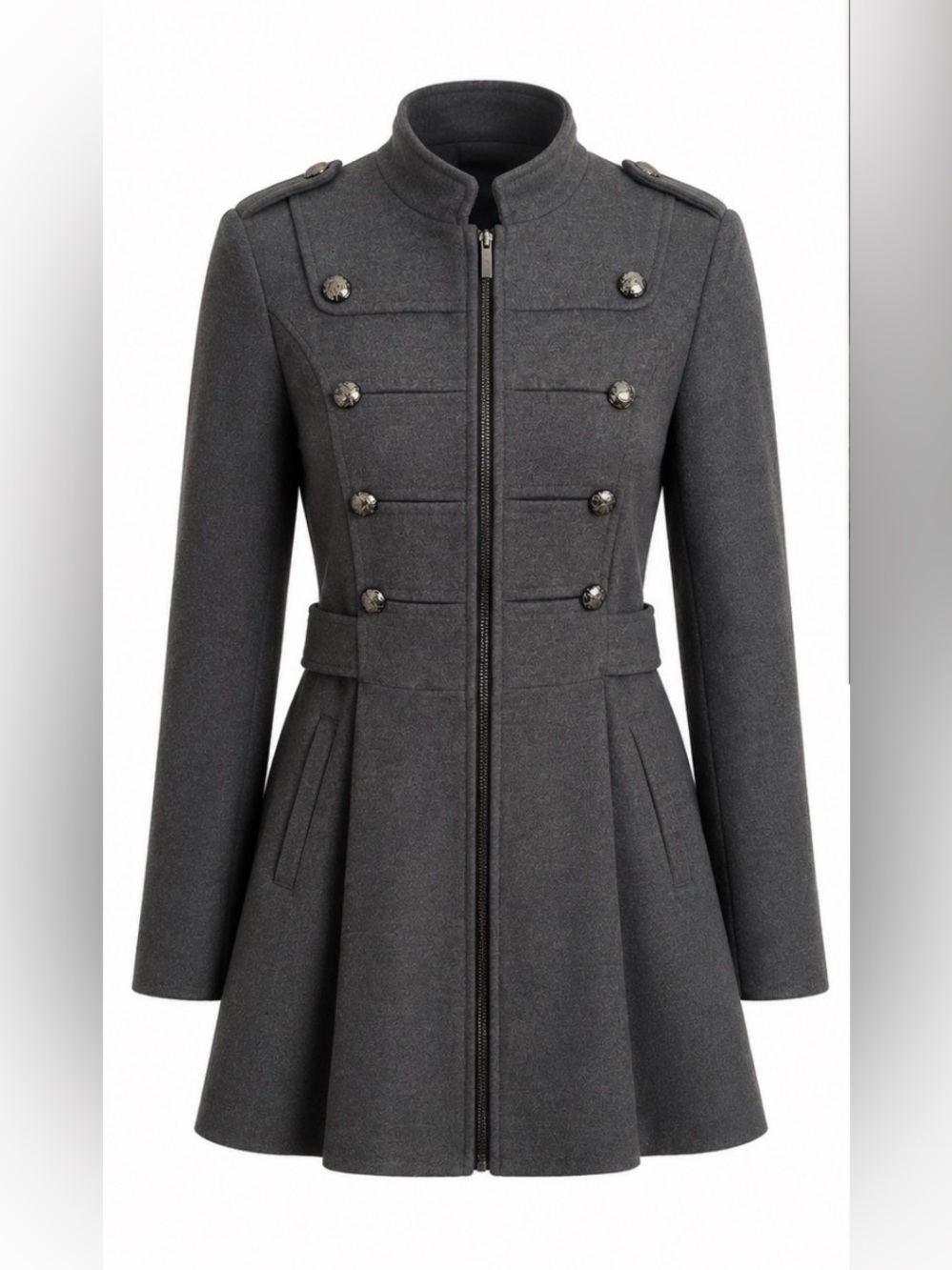 Womens Military-Style Wool-Blend A-Line Coat - Dark Charcoal